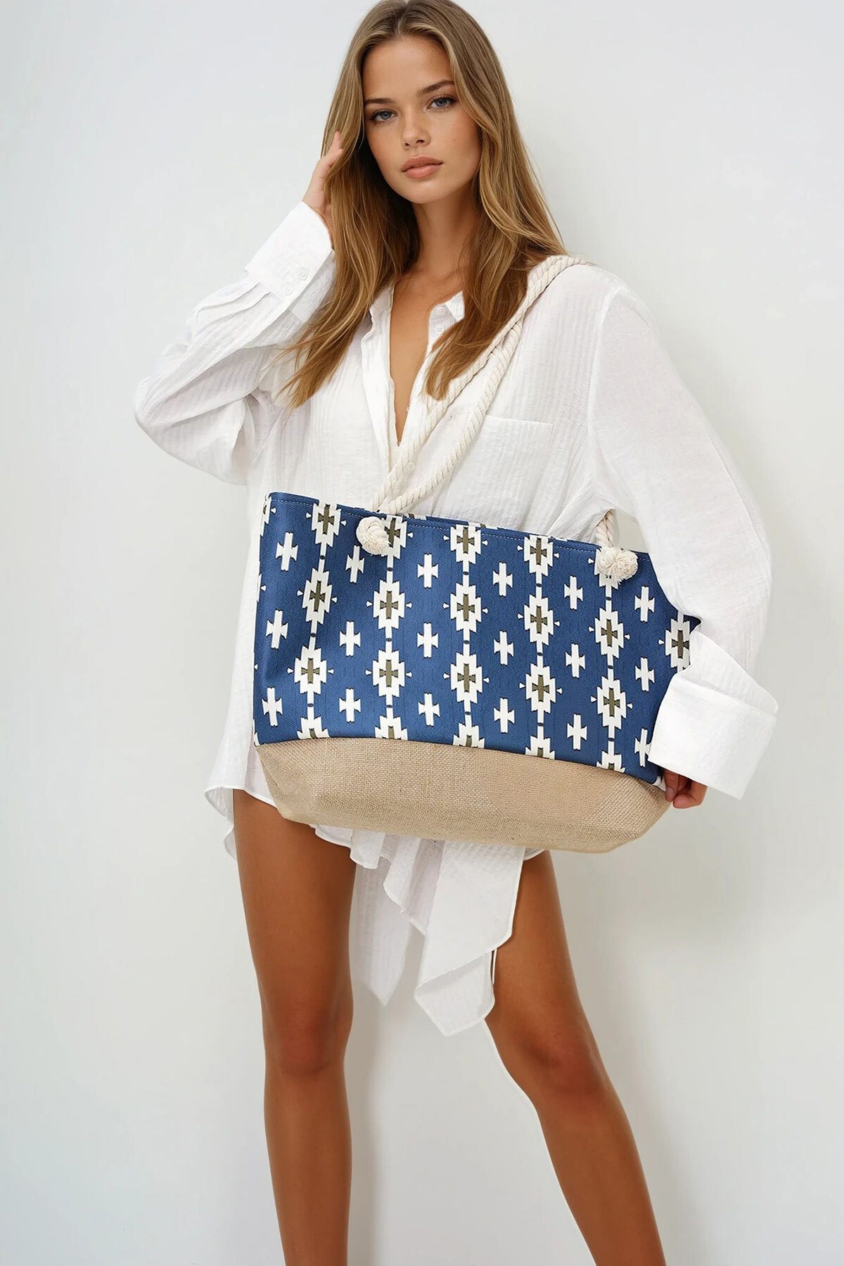 Lacivert Hasır Taban Etnik Desenli Maxi Boy Plaj Çantası
