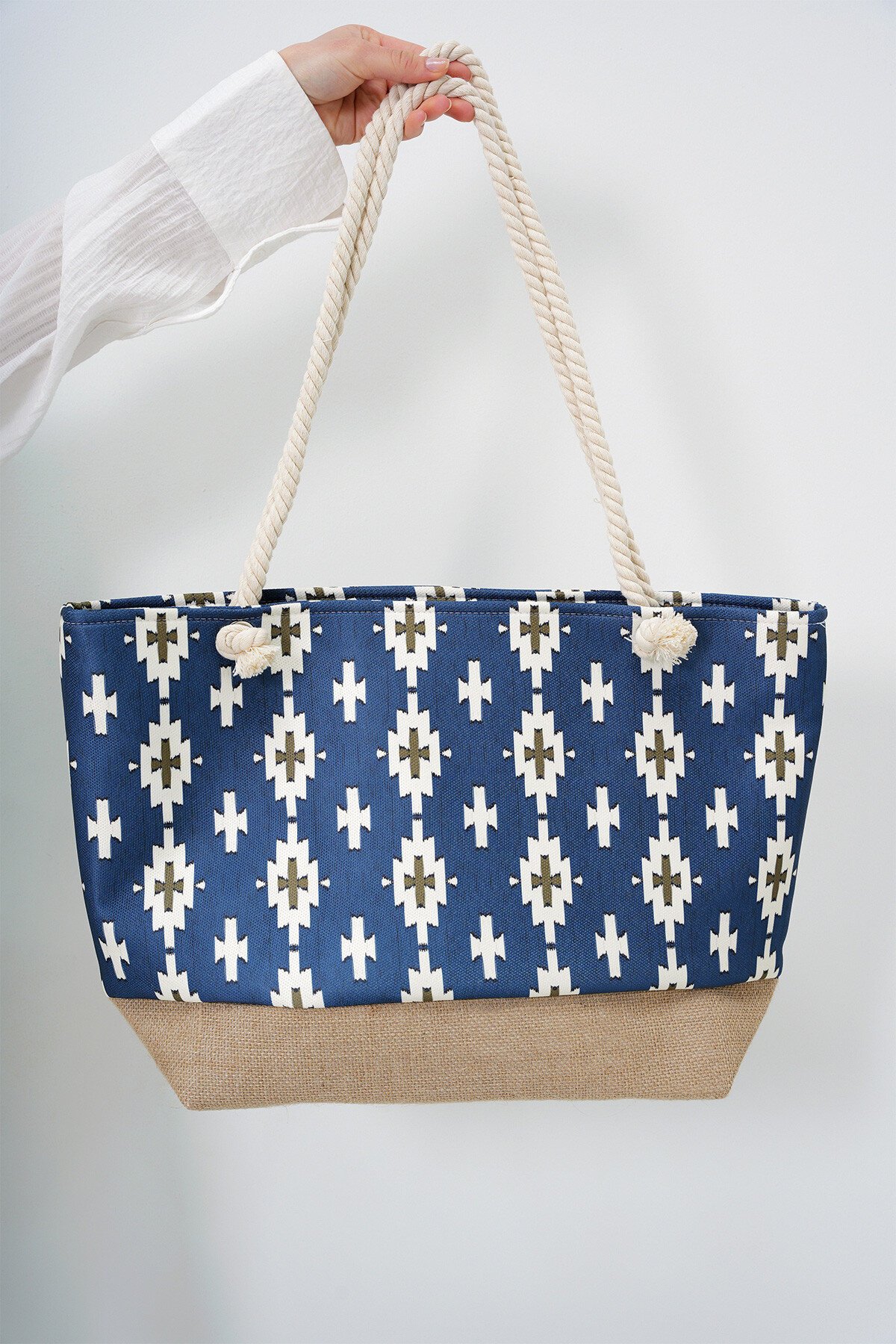 Lacivert Hasır Taban Etnik Desenli Maxi Boy Plaj Çantası