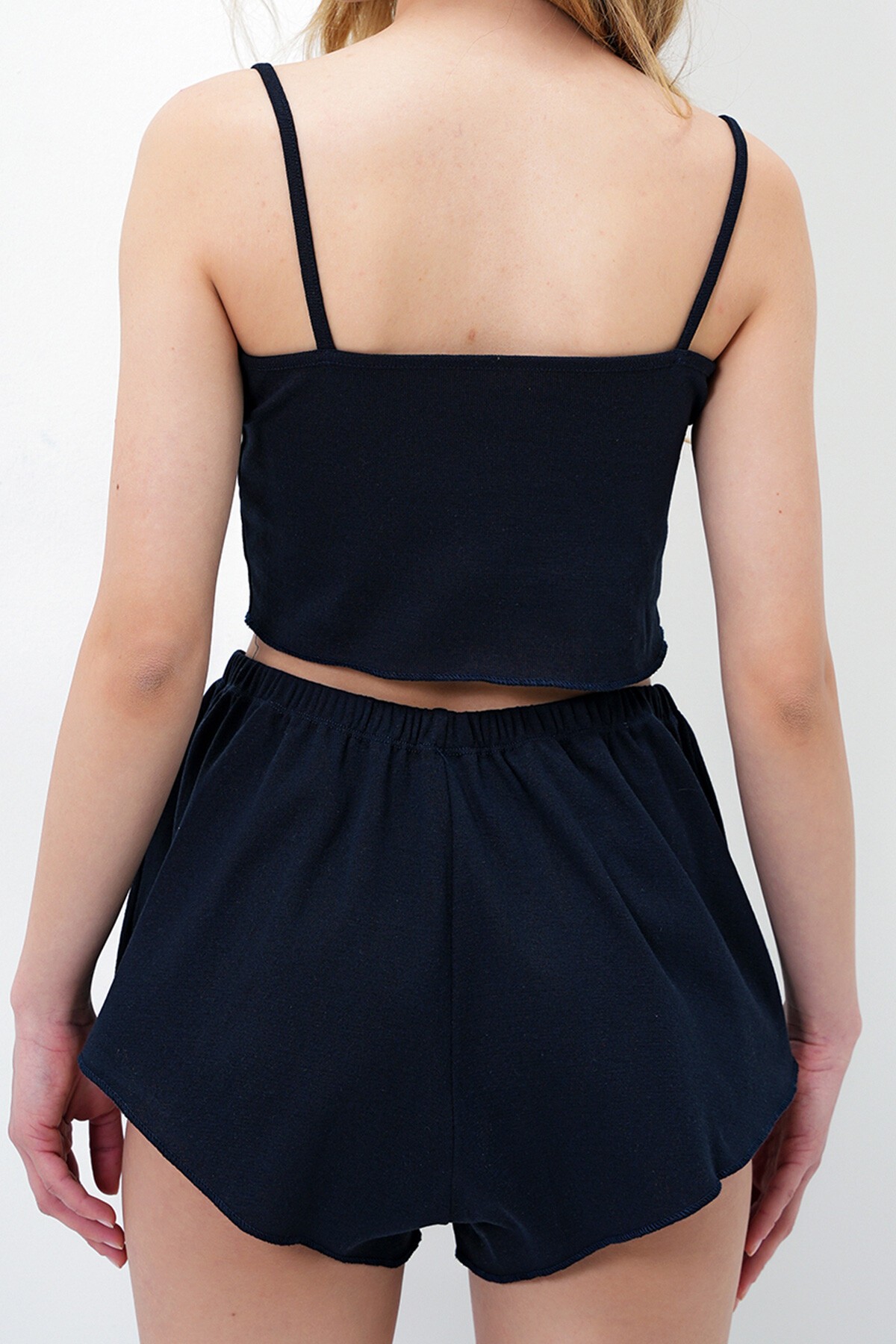 Lacivert Önü Baskı Ve Fiyonk Detaylı Pis Dikiş Atlet Ve Şortlu Pijama Takımı