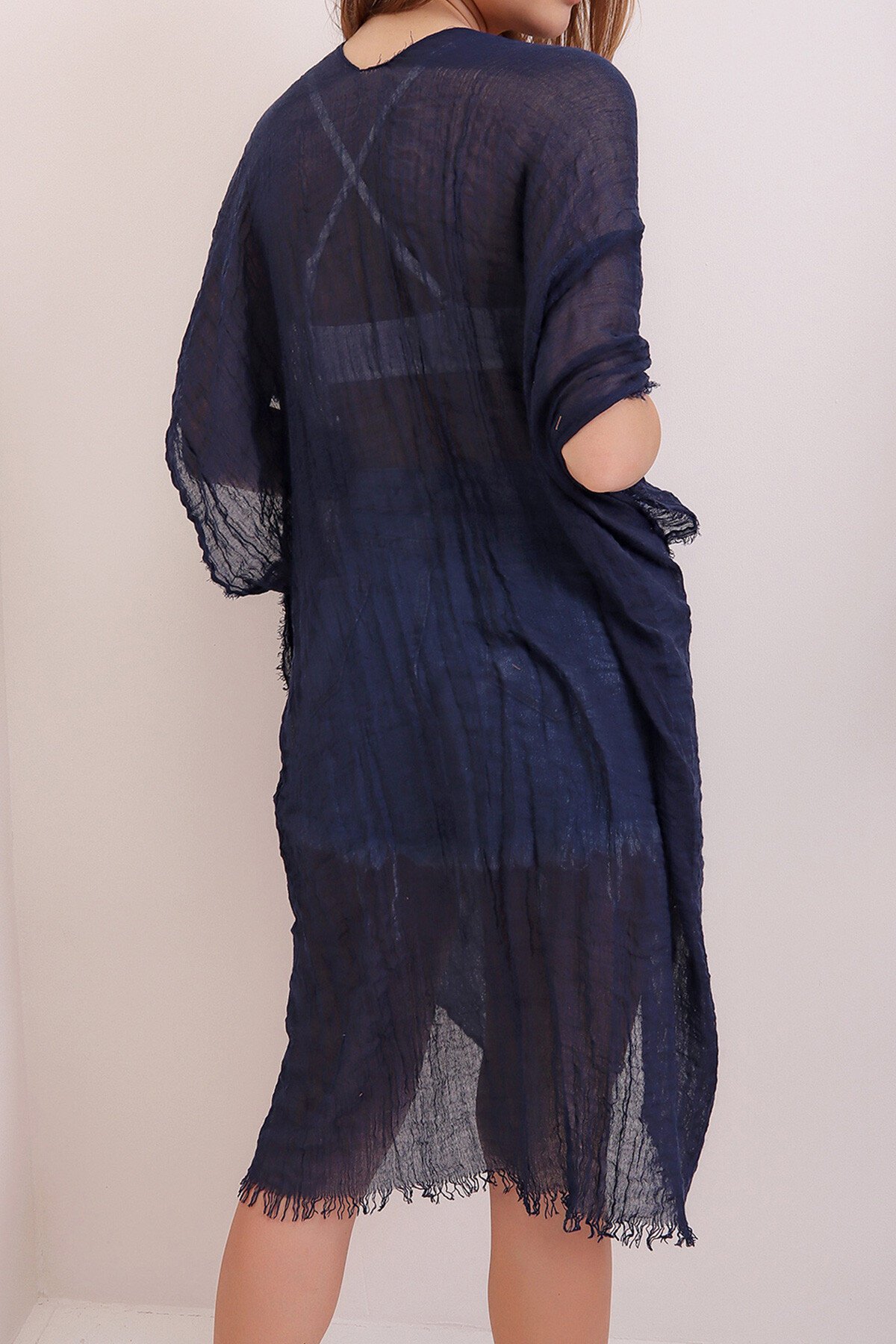 Lacivert Püskül Detaylı Kimono