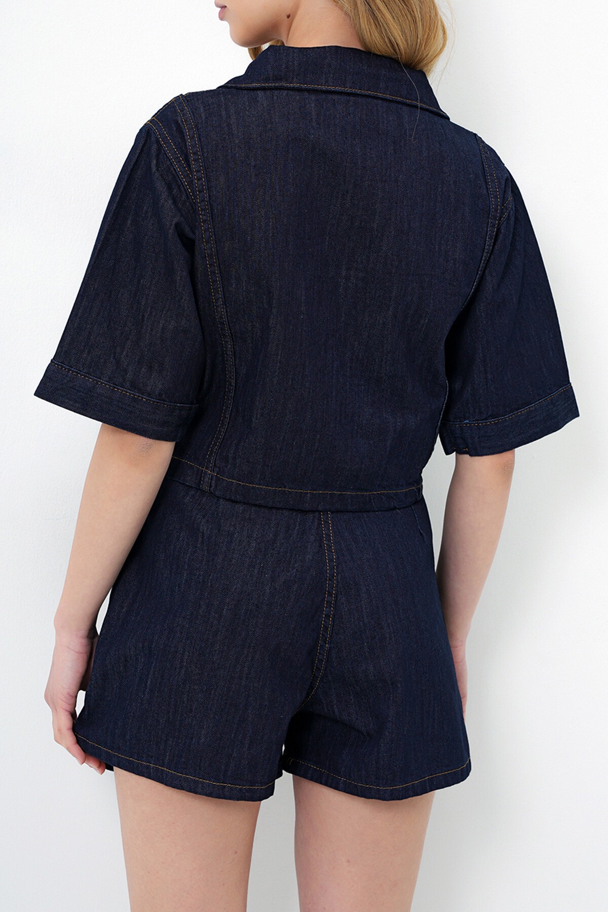 Lacivert V Yaka Çift Cepli Crop Jean Bluz Ve Şort Etek Takım