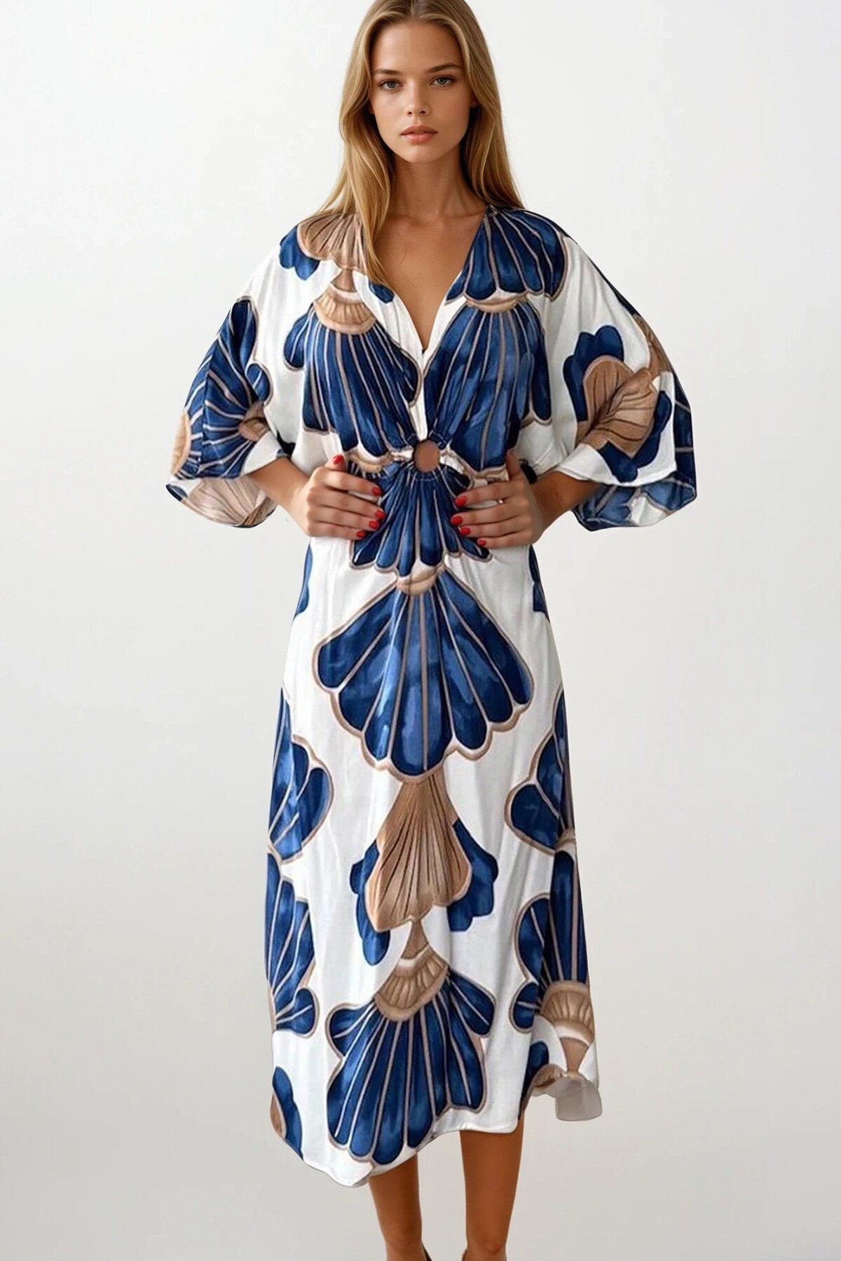 Lacivert Yarasa Kollu Halka Detaylı Derin V Yaka Midi Boy Elbise