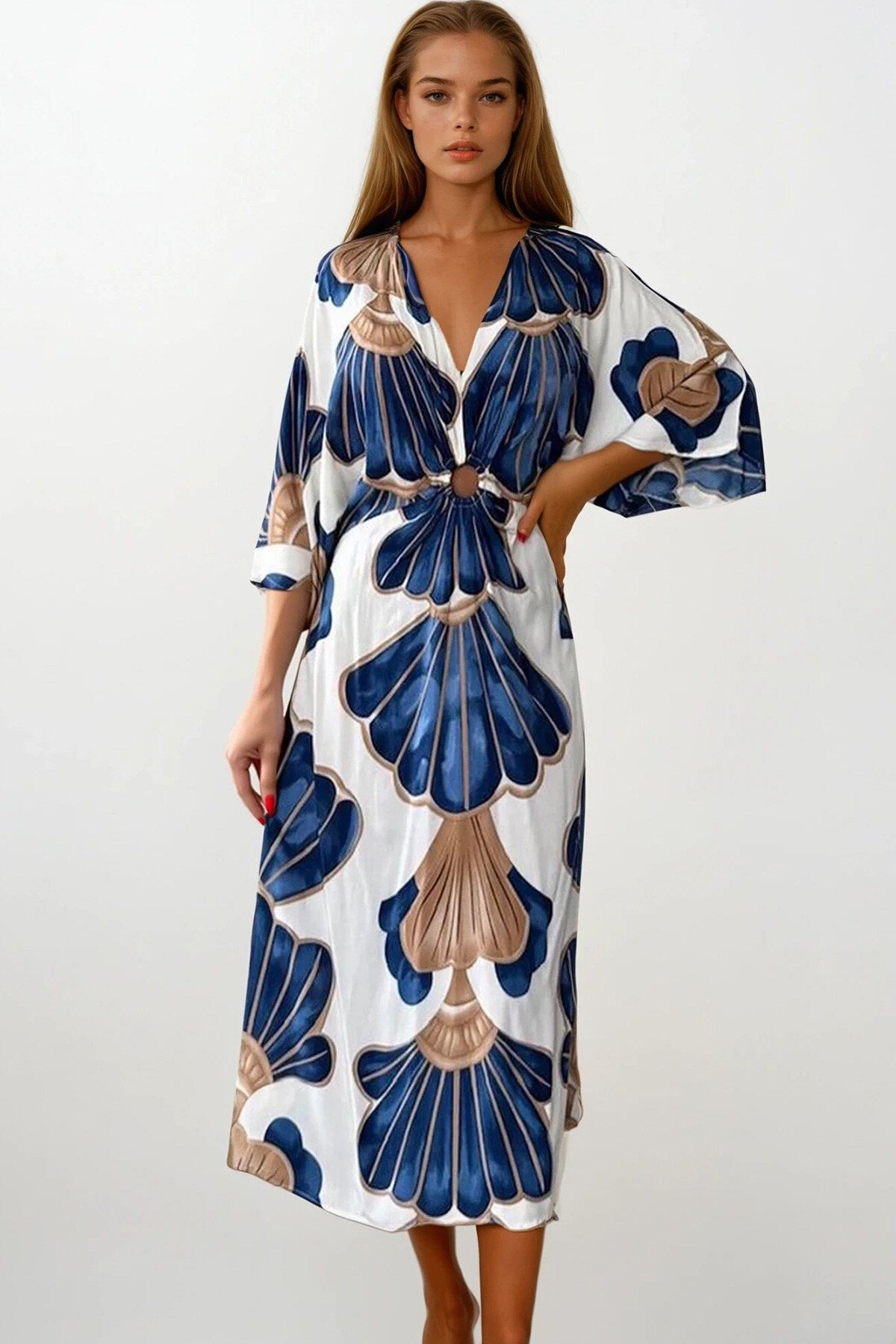 Lacivert Yarasa Kollu Halka Detaylı Derin V Yaka Midi Boy Elbise