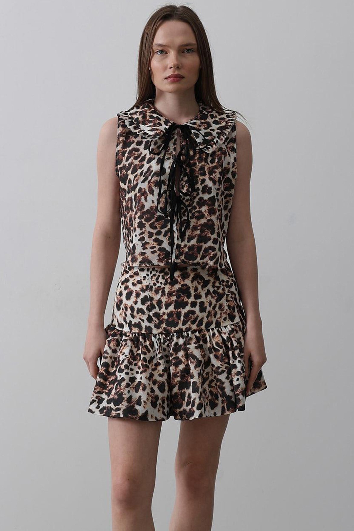 Leopar Leopar Desen Pileli Mini Etek