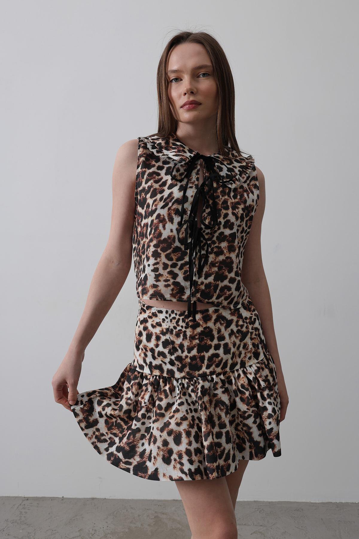 Leopar Leopar Desen Pileli Mini Etek