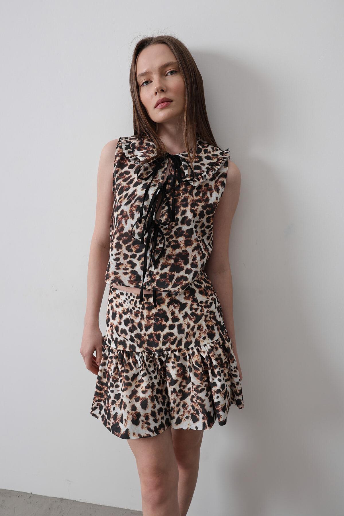 Leopar Leopar Desen Pileli Mini Etek