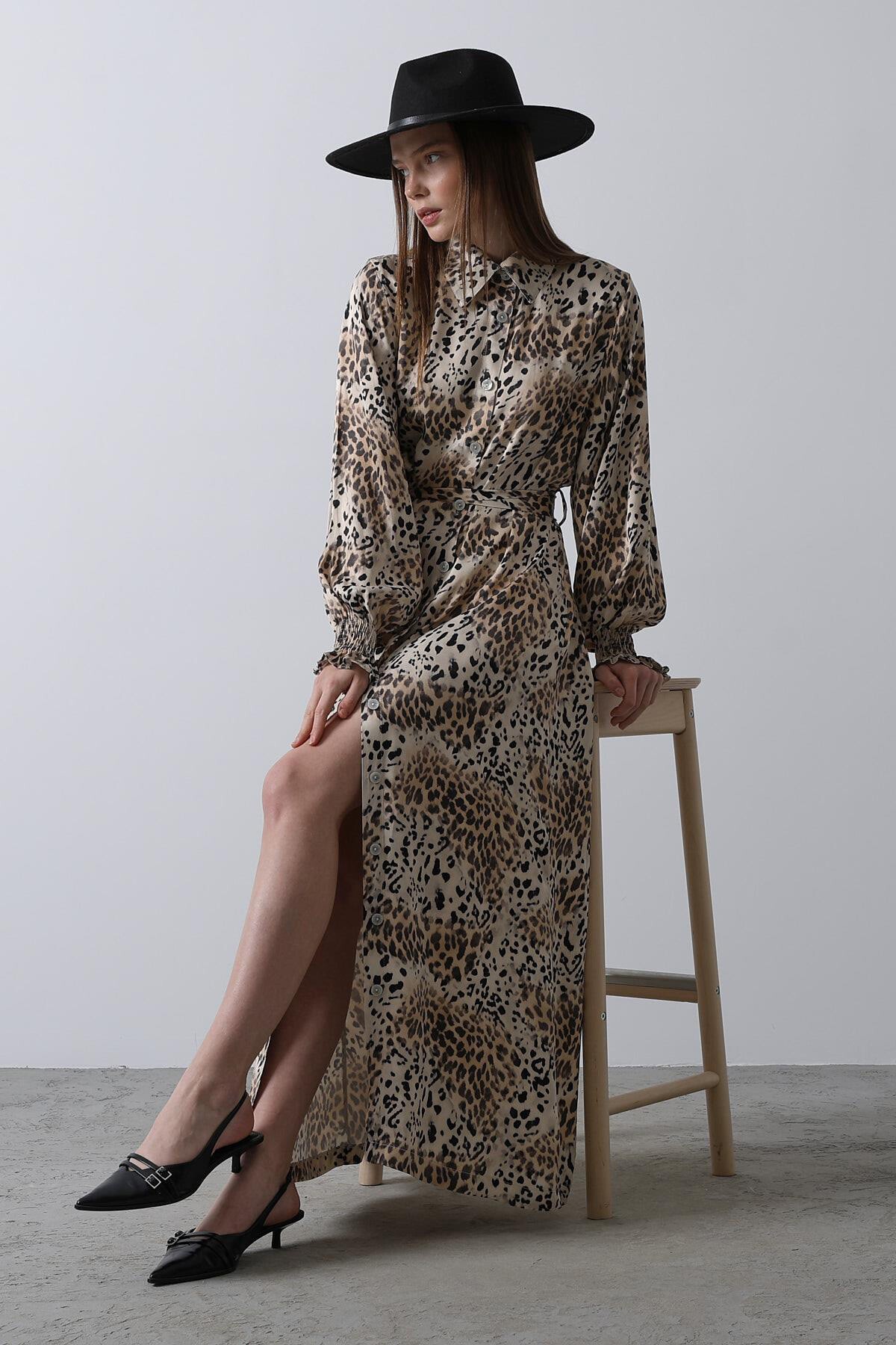Leopar Leopar Desenli Bağlama Detaylı Maxi Boy Gömlek Elbise
