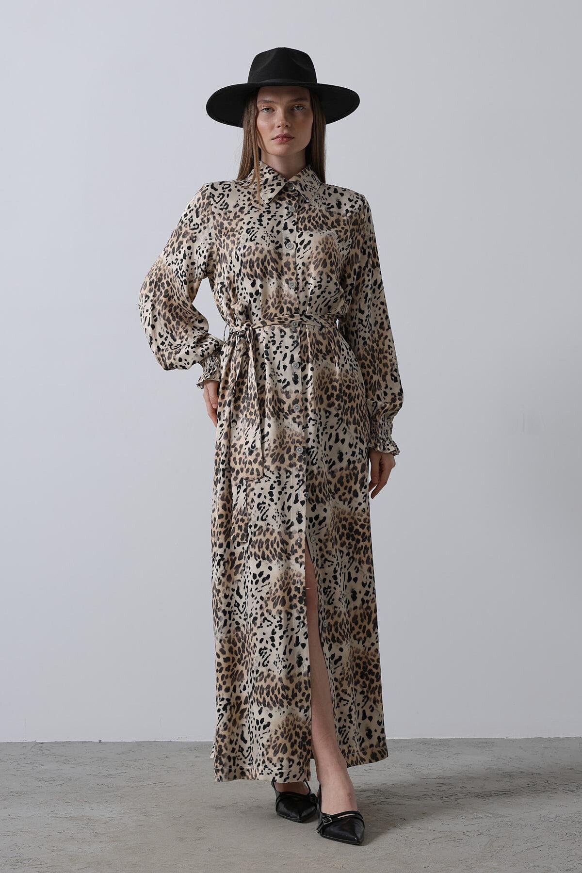 Leopar Leopar Desenli Bağlama Detaylı Maxi Boy Gömlek Elbise