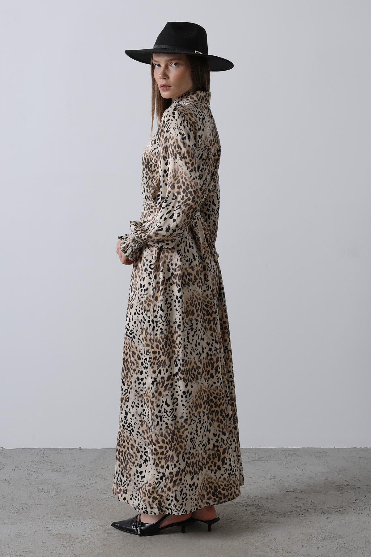 Leopar Leopar Desenli Bağlama Detaylı Maxi Boy Gömlek Elbise
