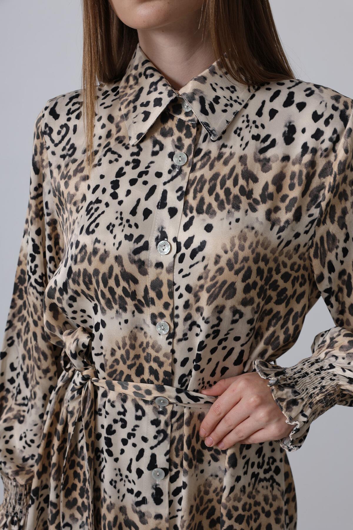Leopar Leopar Desenli Bağlama Detaylı Maxi Boy Gömlek Elbise