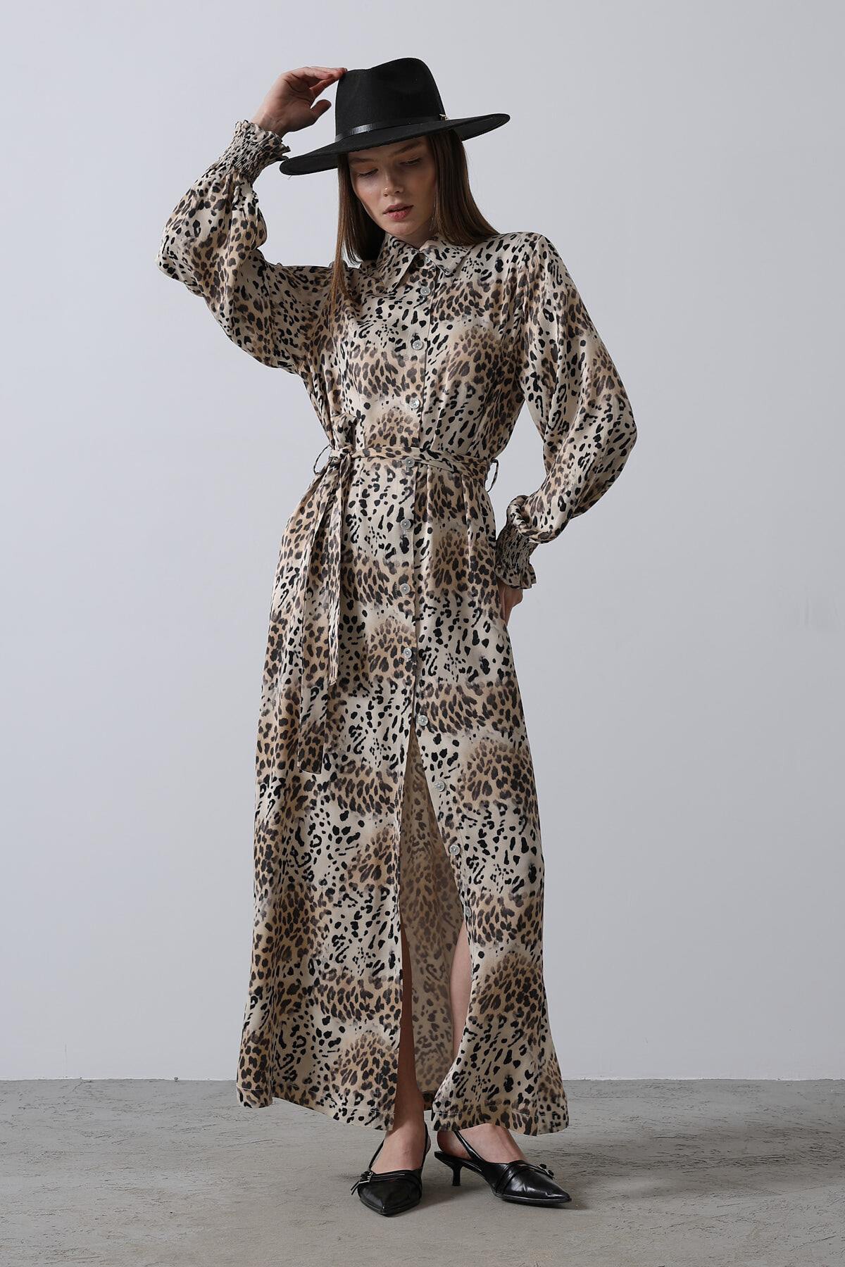 Leopar Leopar Desenli Bağlama Detaylı Maxi Boy Gömlek Elbise