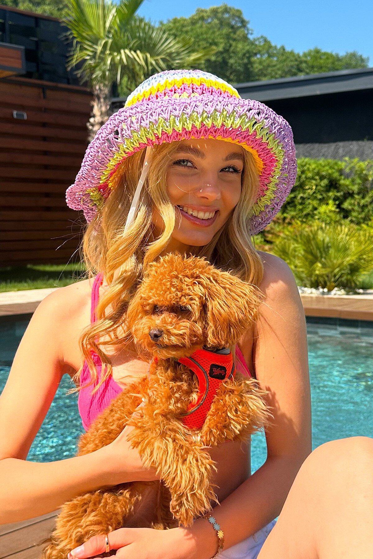 Lila Hasır Örgülü Renk Bloklu Şapka