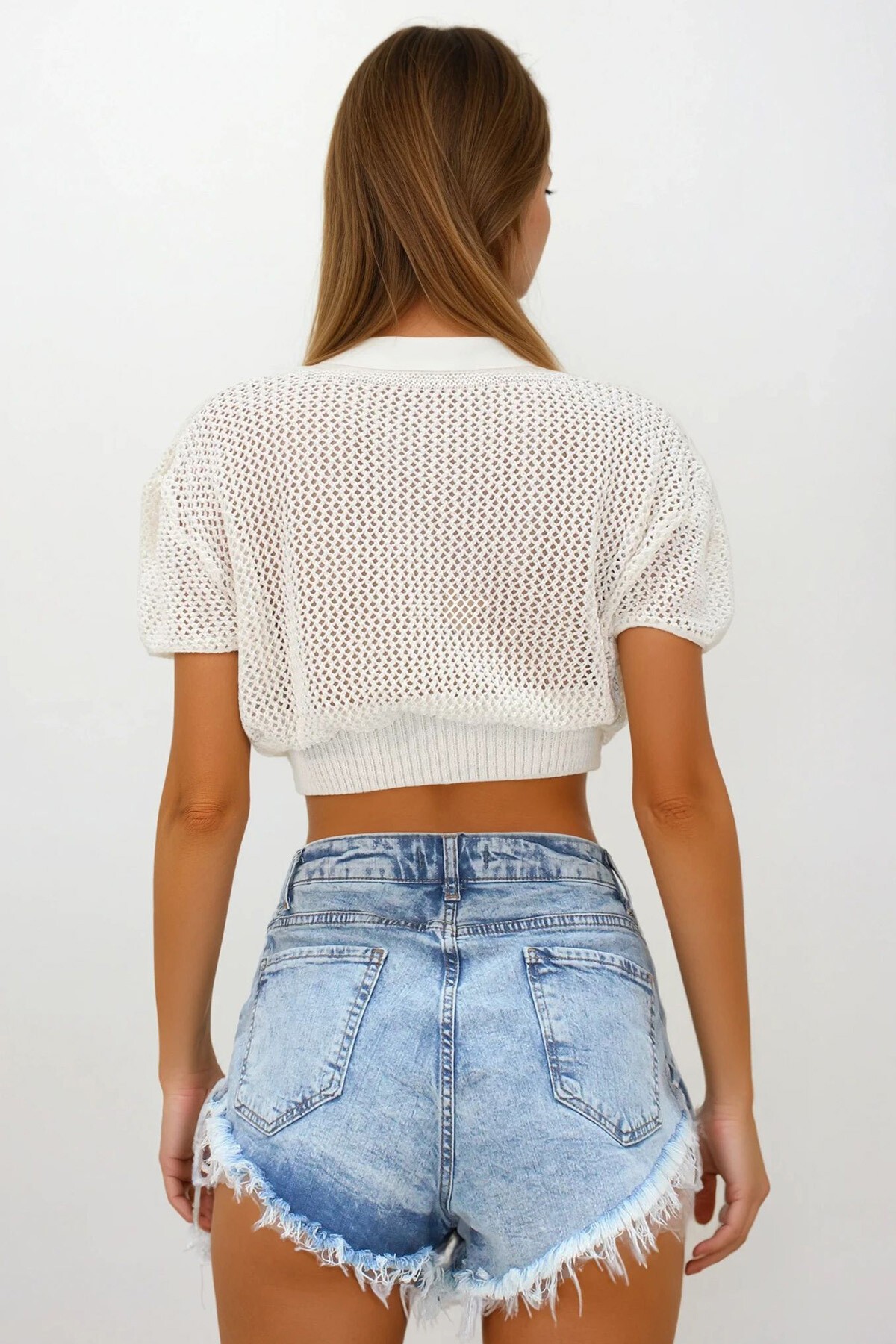 Mavi 4 Cepli Bağcık Detaylı Püsküllü Kot Şort