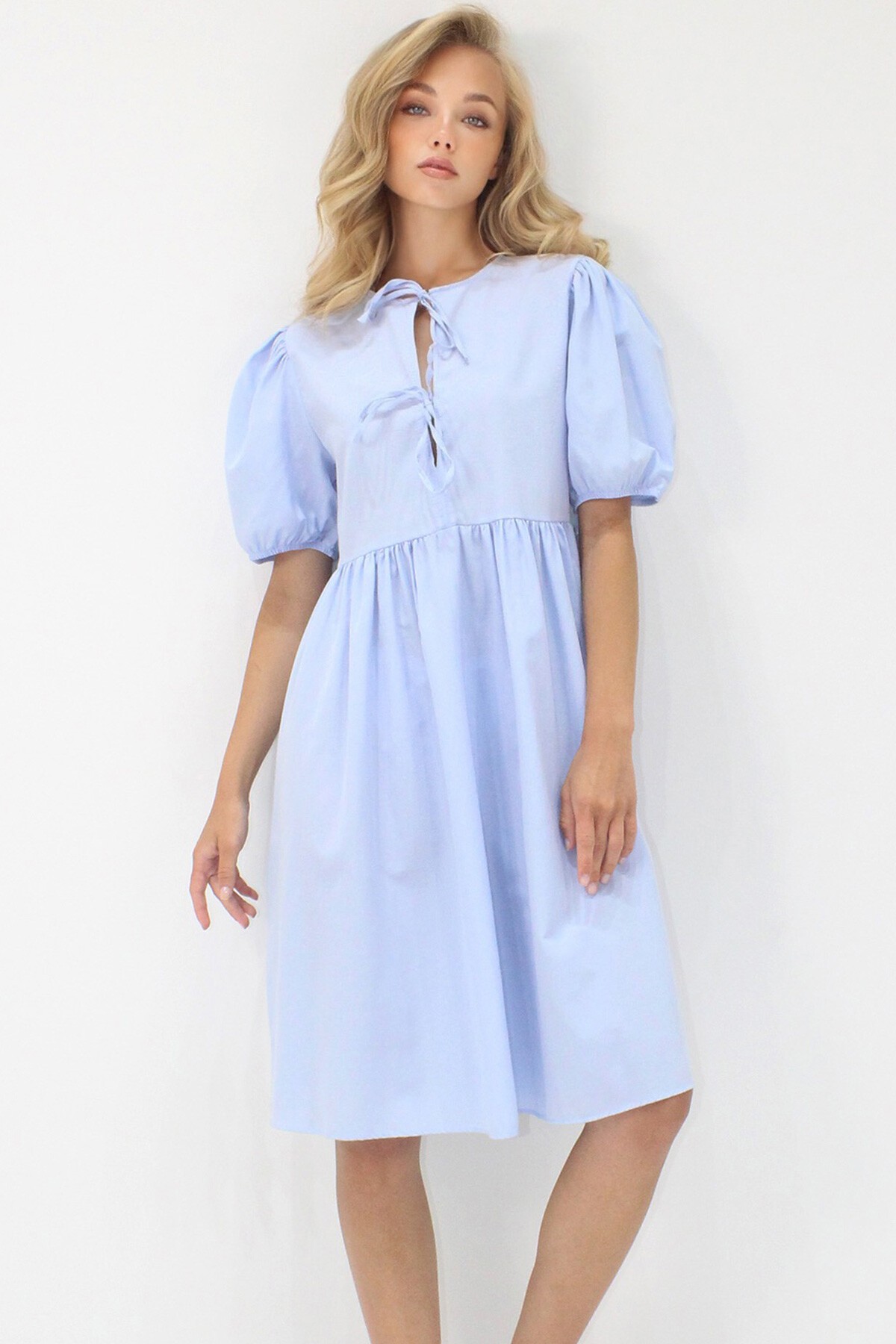 Mavi Bisiklet Yaka Bağlama Detaylı Karpuz Kol Bidi Boy Poplin Elbise