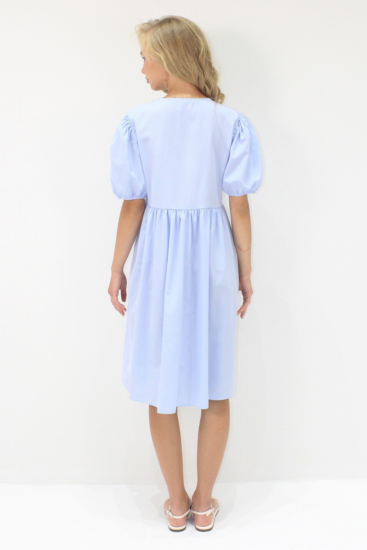 Mavi Bisiklet Yaka Bağlama Detaylı Karpuz Kol Bidi Boy Poplin Elbise