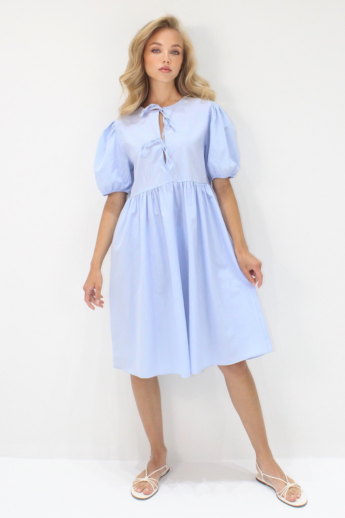 Mavi Bisiklet Yaka Bağlama Detaylı Karpuz Kol Bidi Boy Poplin Elbise