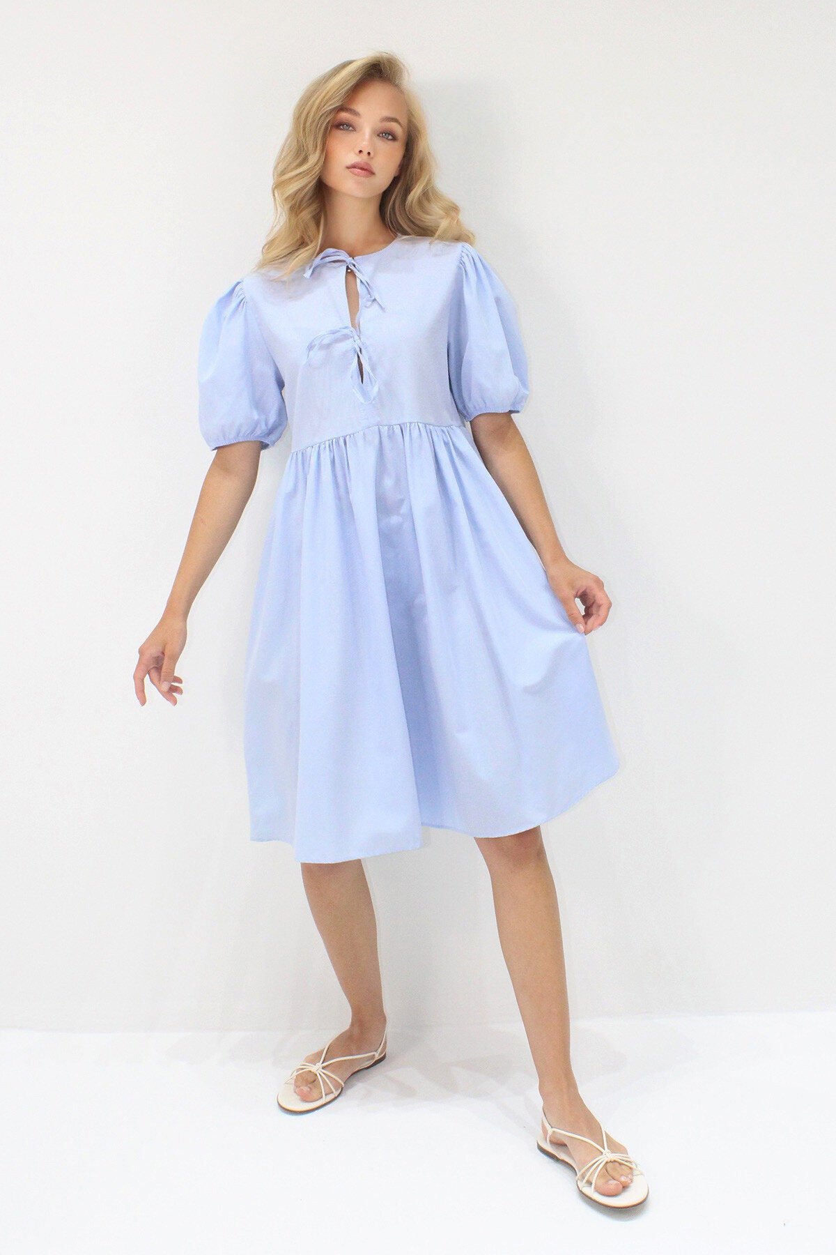 Mavi Bisiklet Yaka Bağlama Detaylı Karpuz Kol Bidi Boy Poplin Elbise