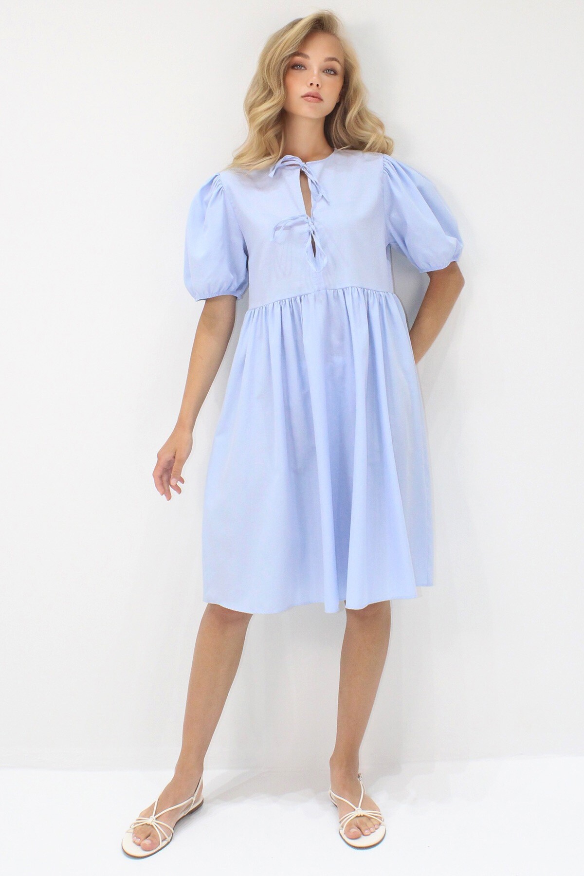 Mavi Bisiklet Yaka Bağlama Detaylı Karpuz Kol Bidi Boy Poplin Elbise