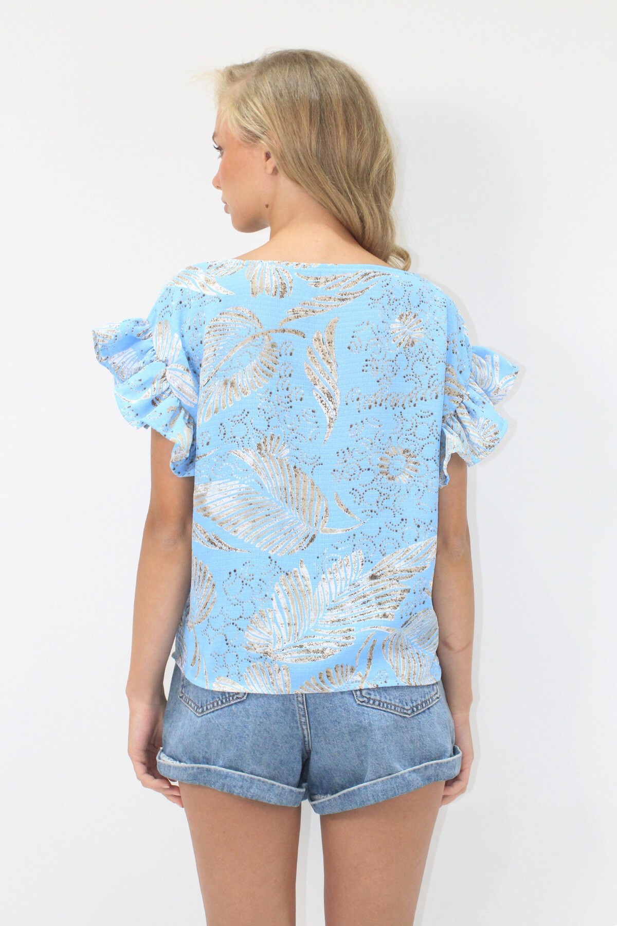 Mavi Bisiklet Yaka Kolları Volanlı Desenli Dokuma Bluz