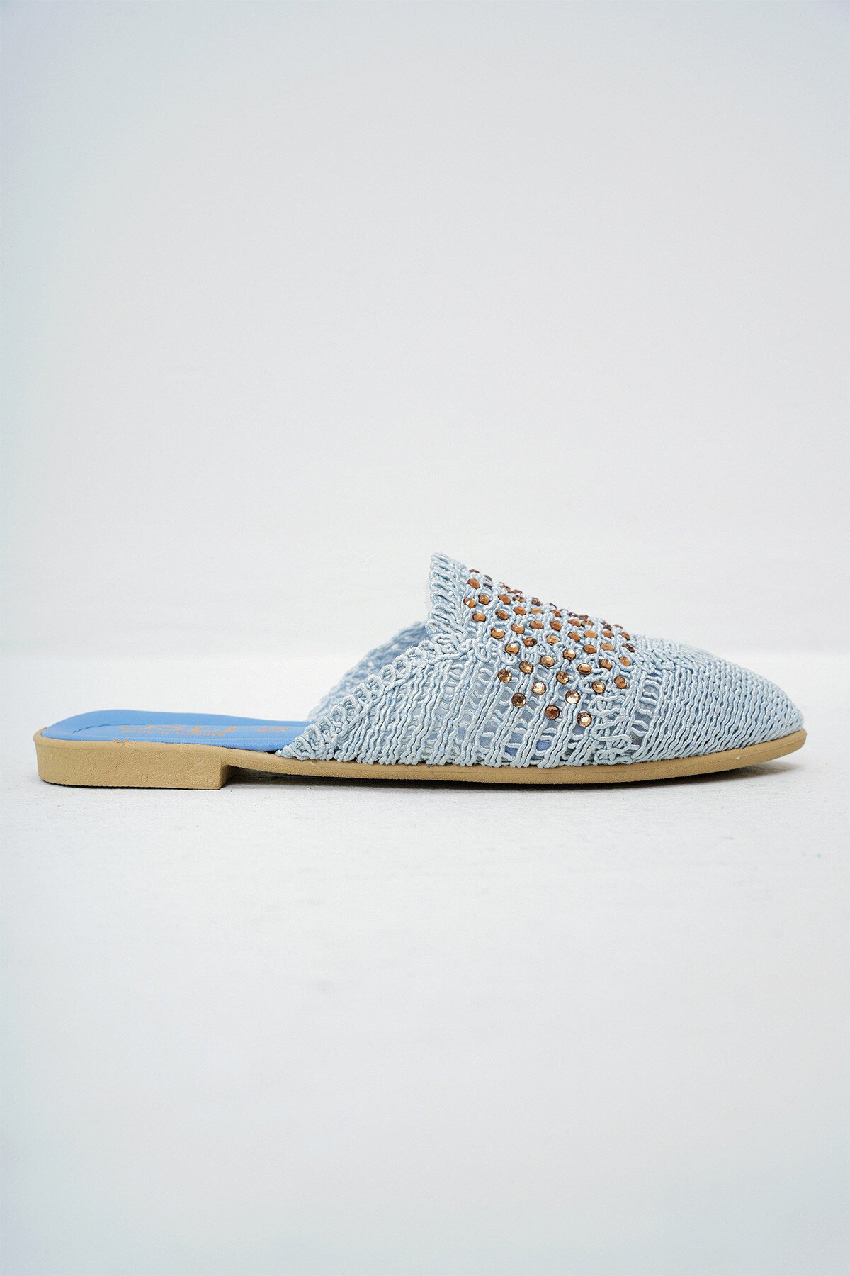 Mavi Boncuk İşlemeli Örme Triko Düz Terlik