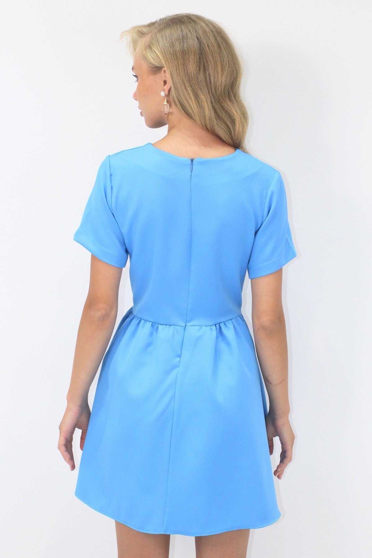 Mavi Cep Detaylı Sırtı Fermuarlı Kısa Kol Dokuma Elbise