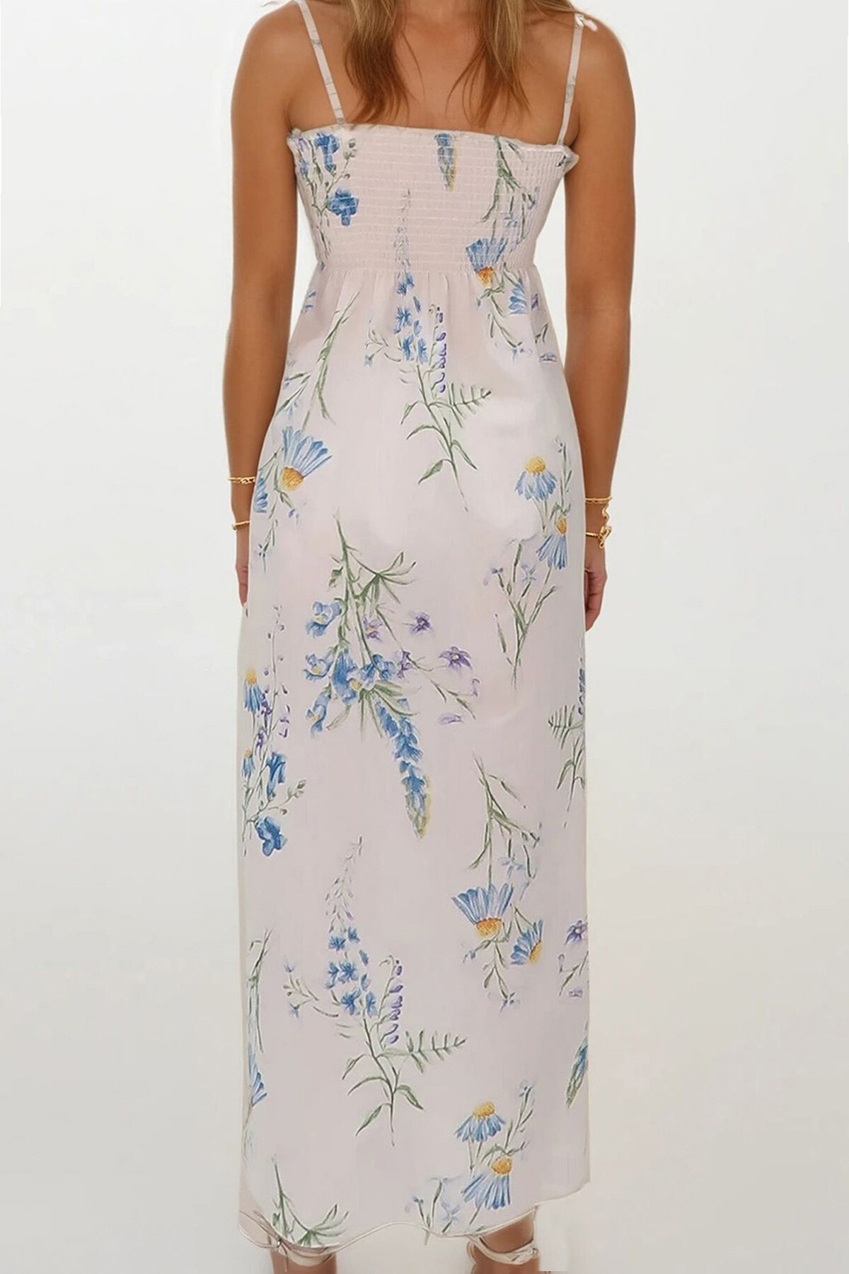Mavi Çiçek Desenli İp Askılı Midi Boy Elbise