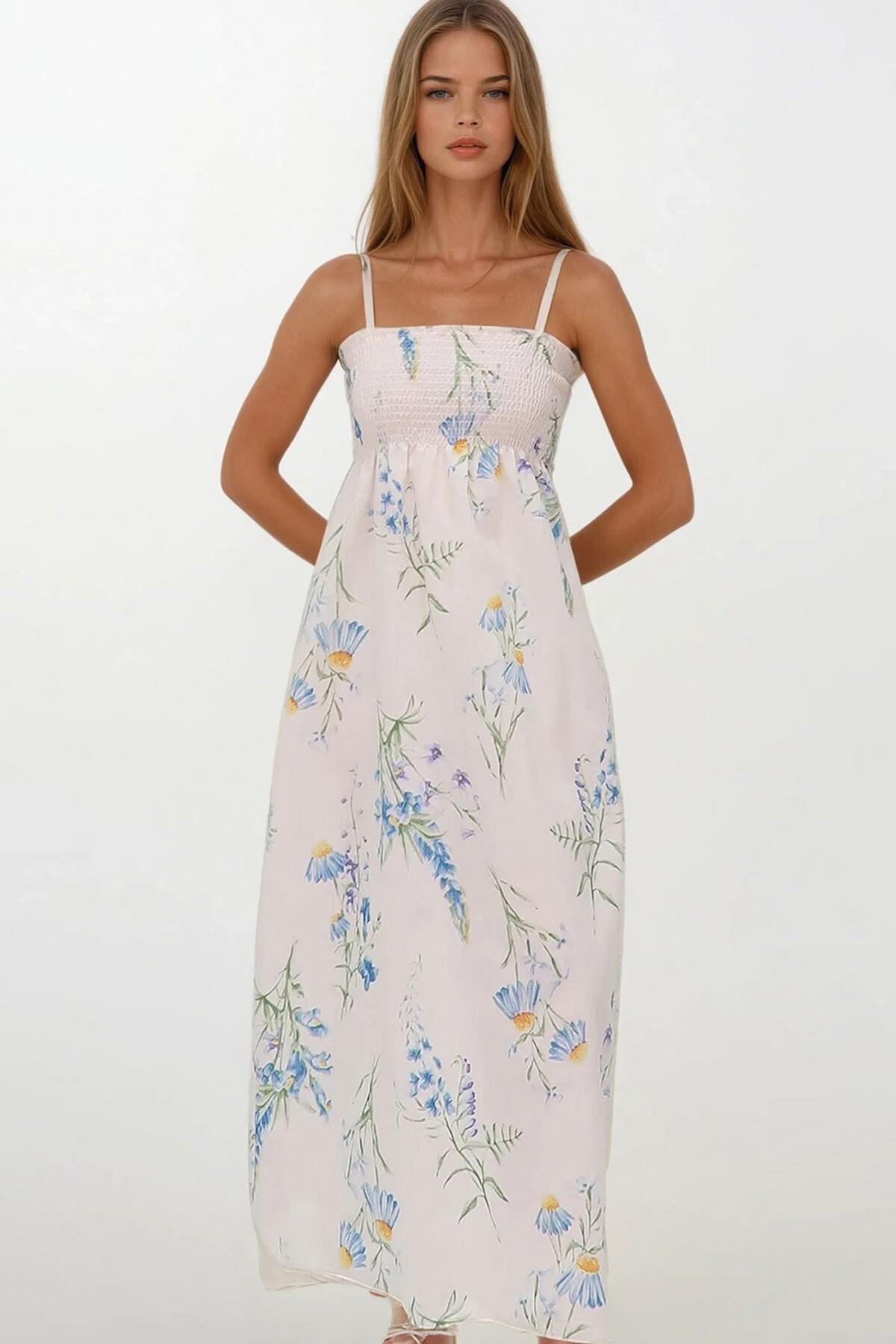 Mavi Çiçek Desenli İp Askılı Midi Boy Elbise