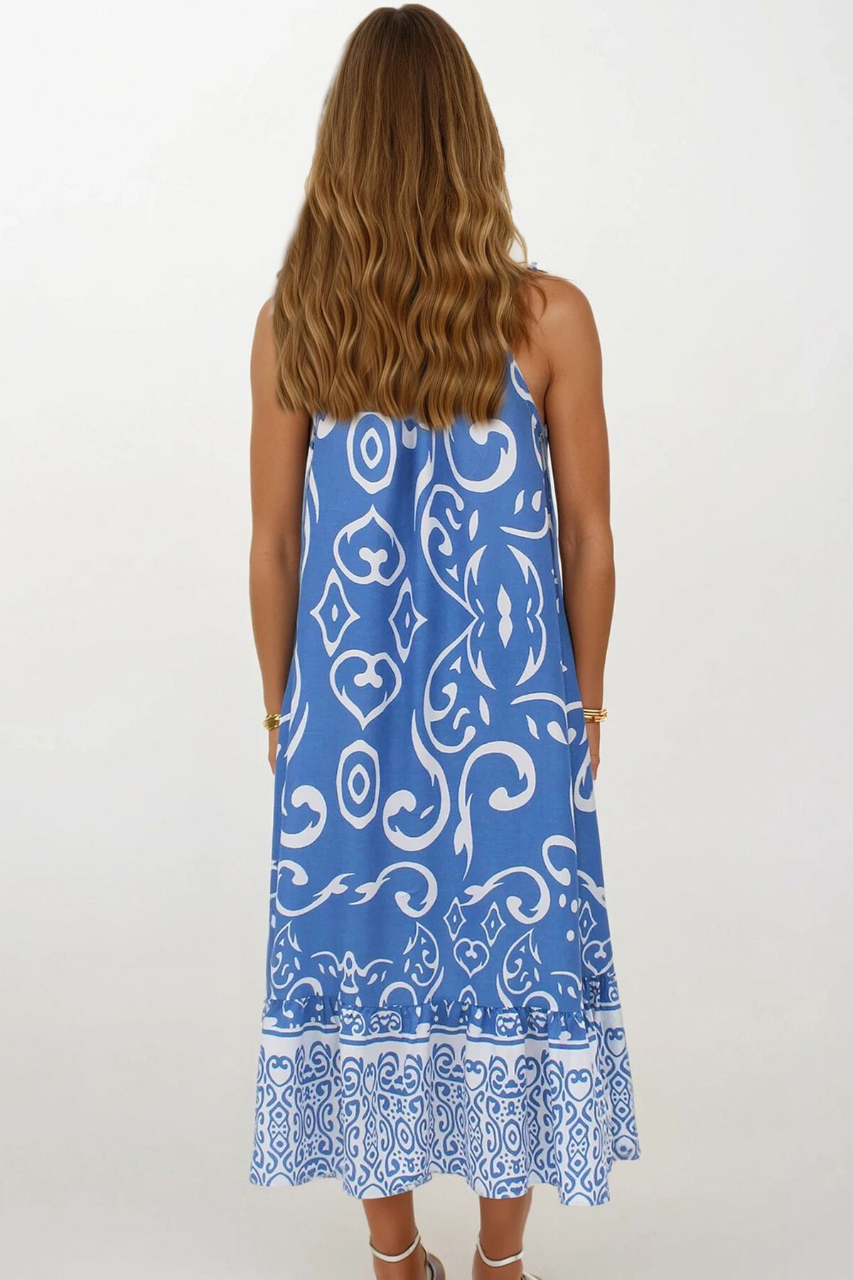 Mavi Desenli  Bağlamalı Eteği Fileli Maxi Boy Çift Cepli Elbise Elbise