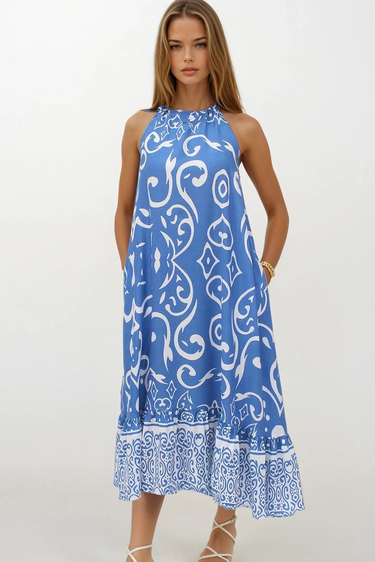 Mavi Desenli  Bağlamalı Eteği Fileli Maxi Boy Çift Cepli Elbise Elbise