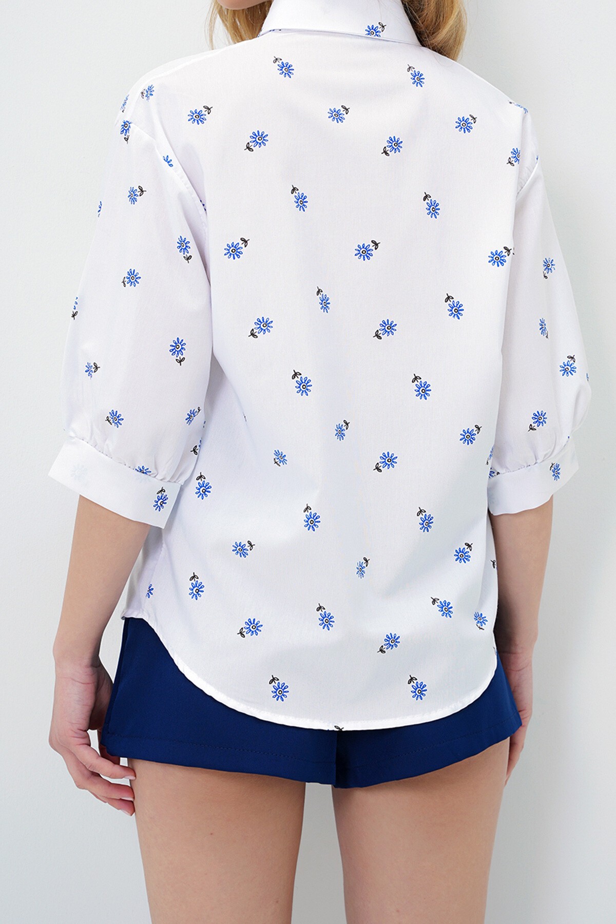 Mavi Desenli Desenli Balon Kol Poplin Gömlek