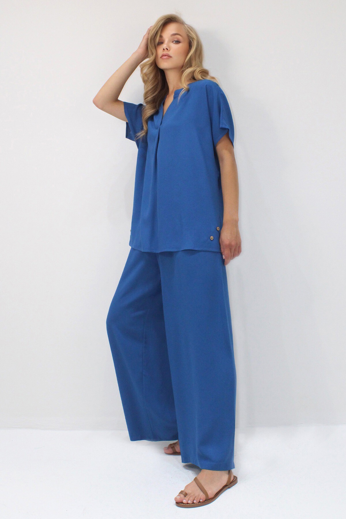 Mavi Düğme Detaylı Rahat Kesim Viskon Dokuma İkili Takım
