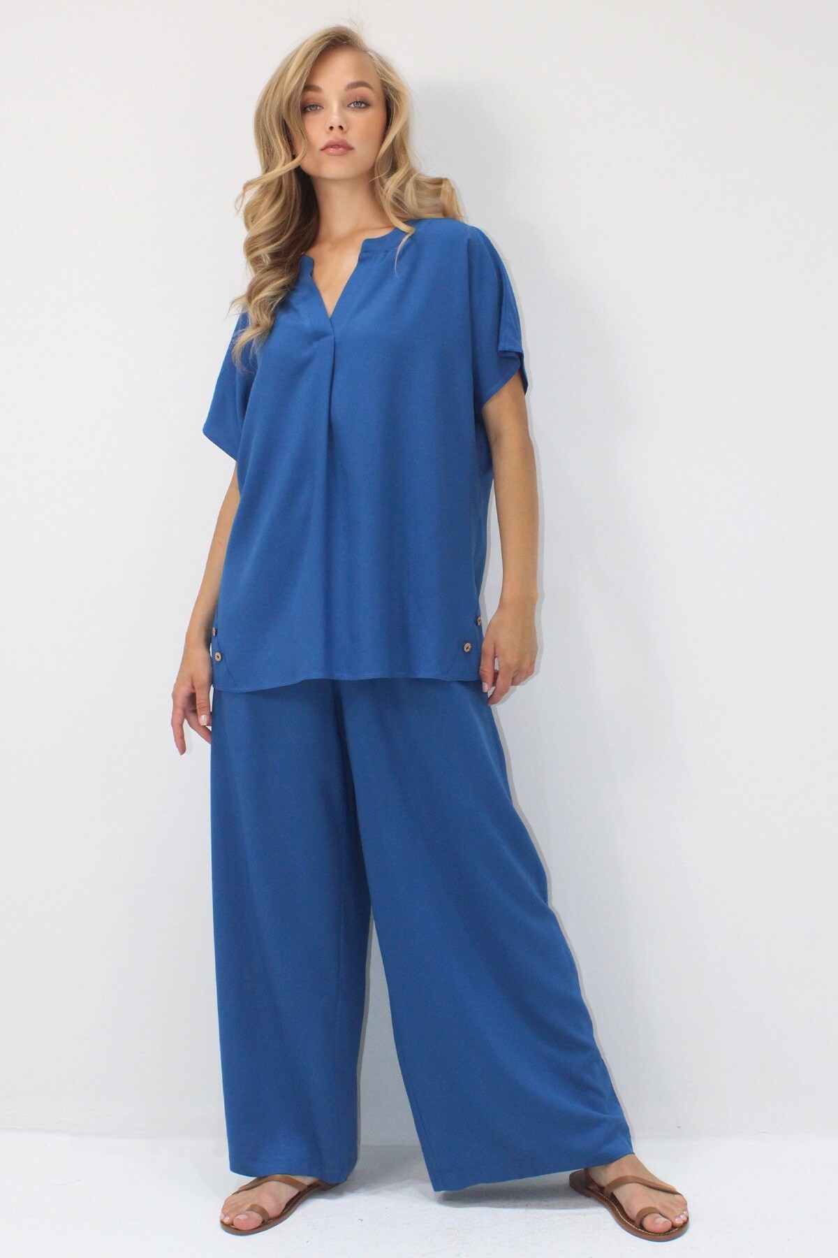 Mavi Düğme Detaylı Rahat Kesim Viskon Dokuma İkili Takım