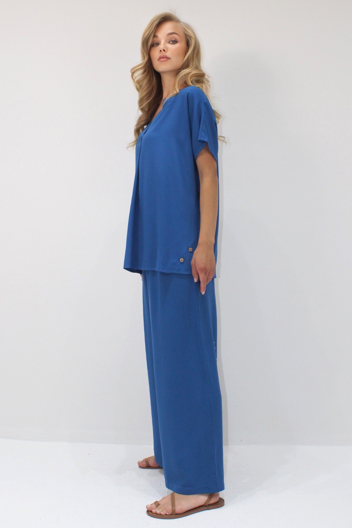 Mavi Düğme Detaylı Rahat Kesim Viskon Dokuma İkili Takım