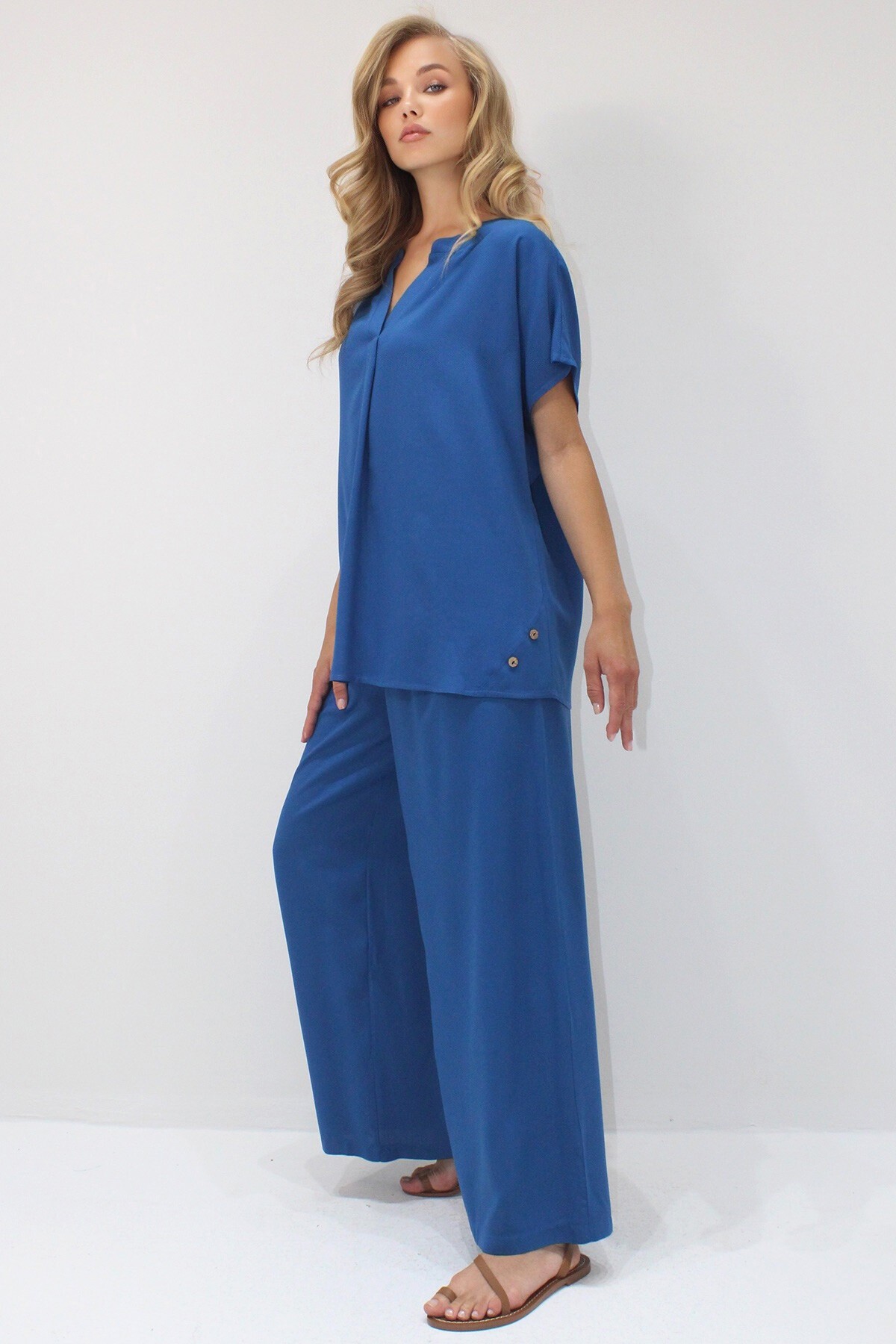 Mavi Düğme Detaylı Rahat Kesim Viskon Dokuma İkili Takım