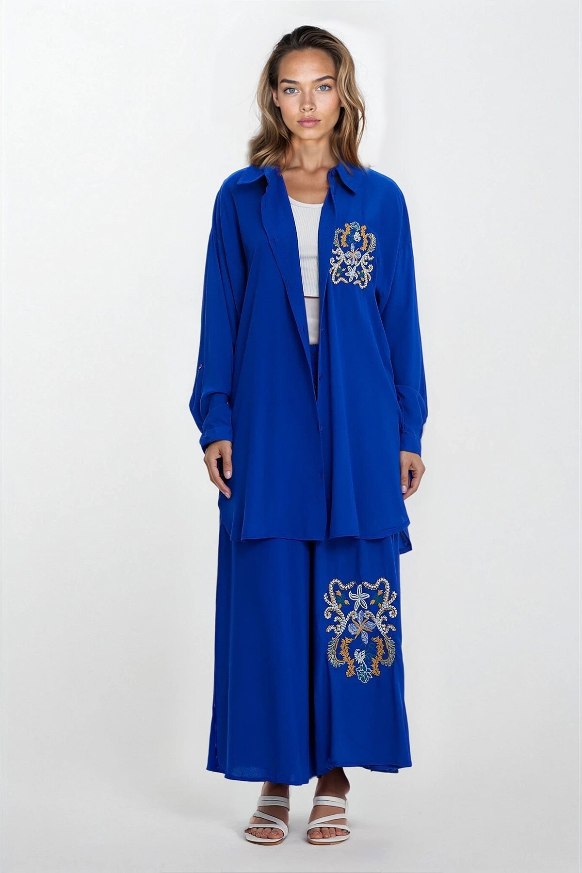 Mavi Nakışlı Yırtmaç Detaylı Kimono Ve Pantolon Büyük Beden Alt Üst Takım