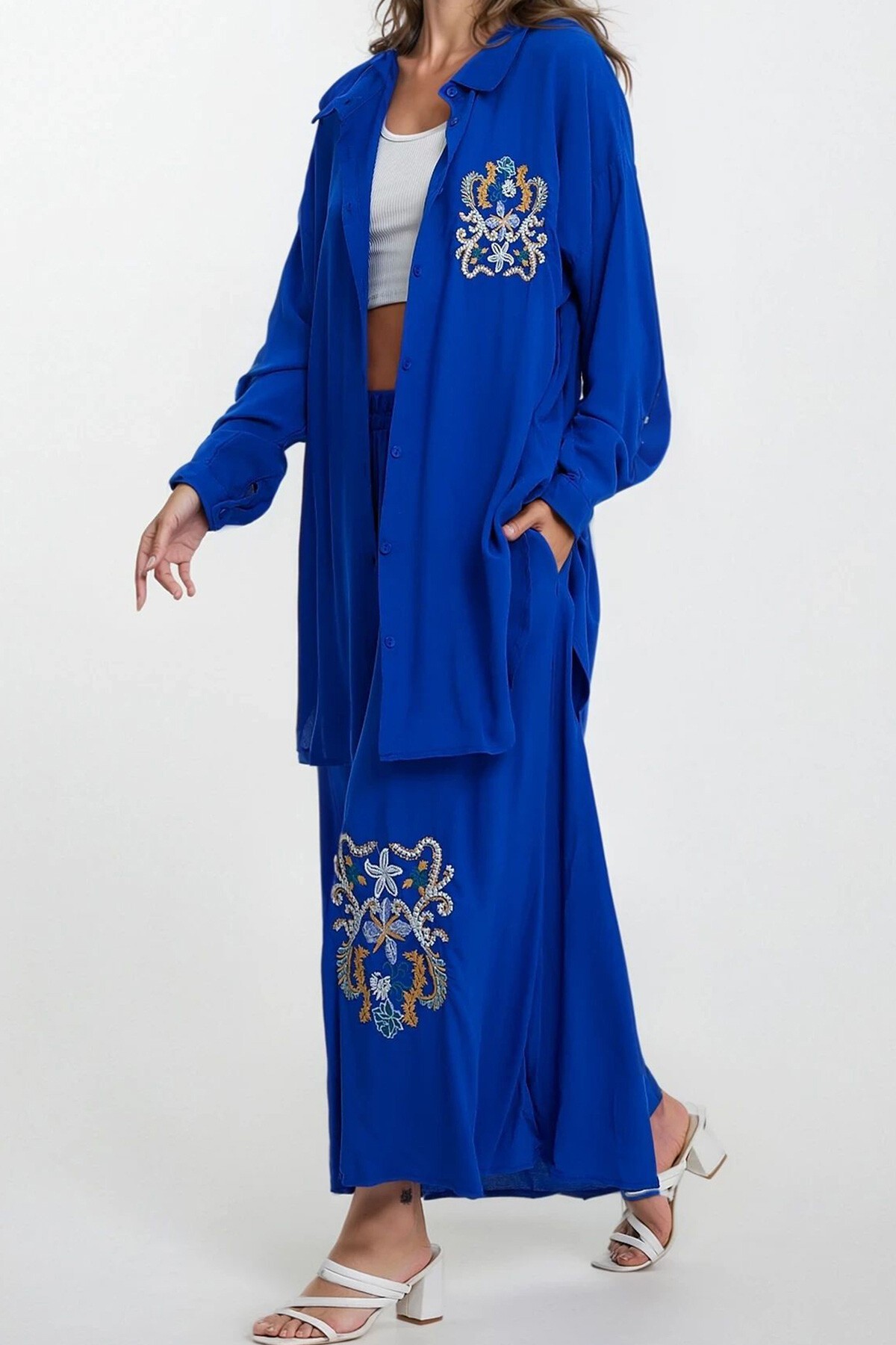Mavi Nakışlı Yırtmaç Detaylı Kimono Ve Pantolon Büyük Beden Alt Üst Takım