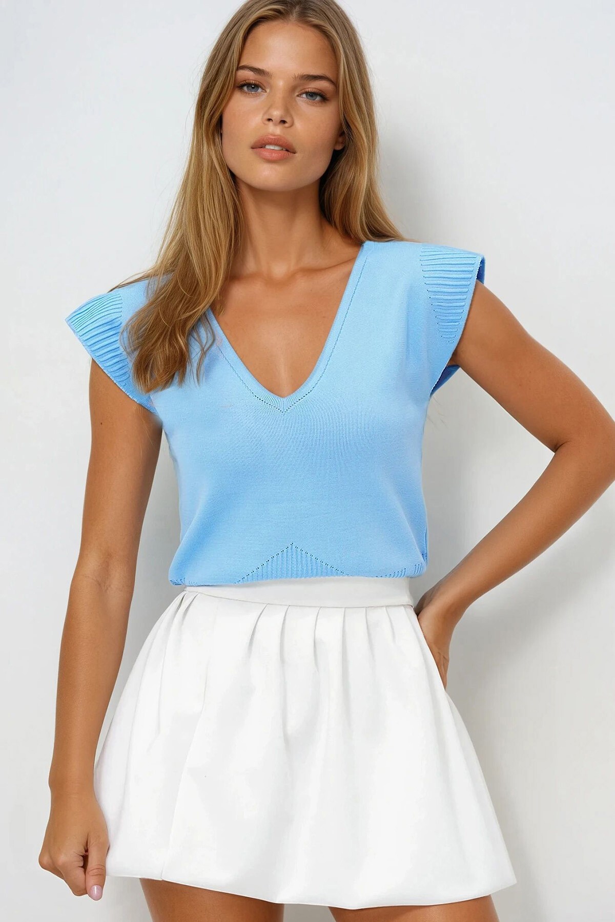 Mavi Ön Arka V Yaka Yazlık Triko Bluz