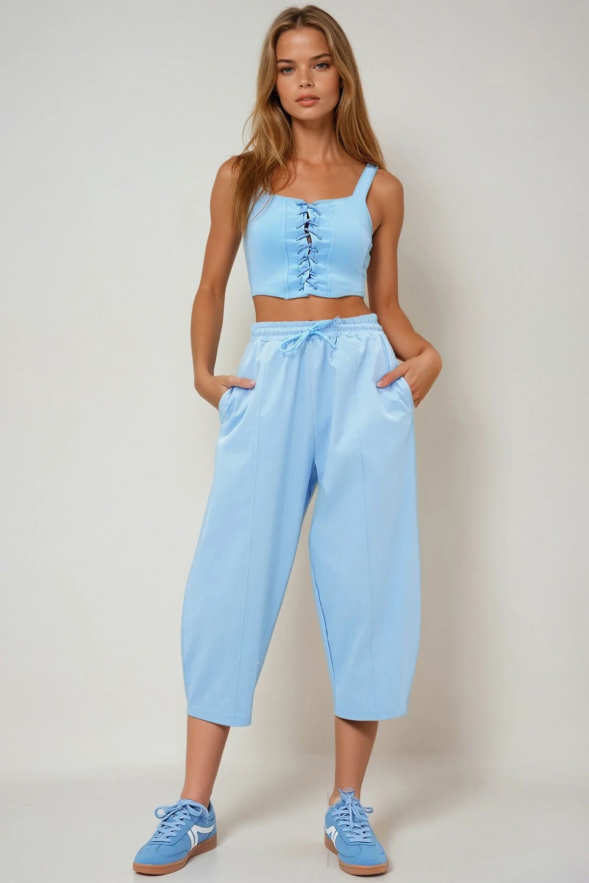 Mavi Önü Dikiş Detaylı 4 Cepli Şalvar Kesim Dokuma Keten Pantolon