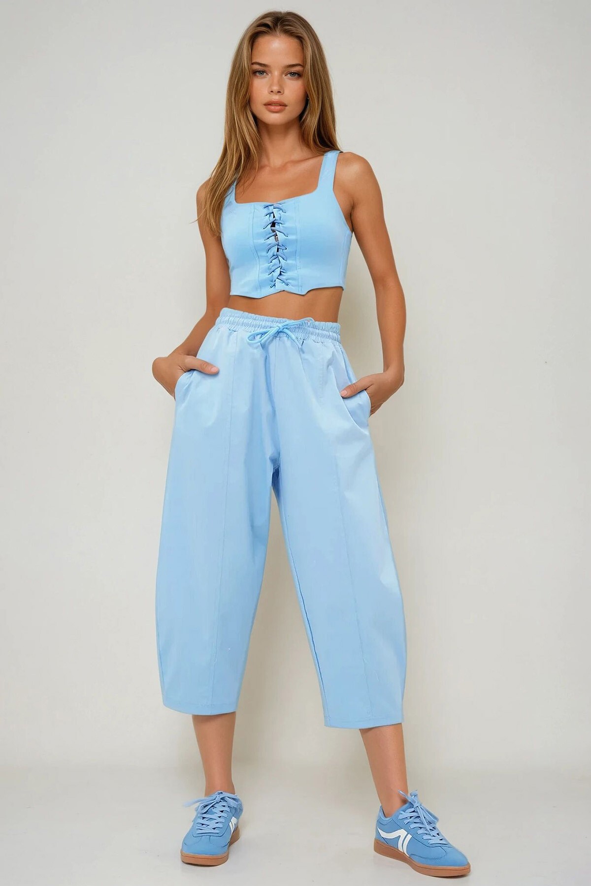 Mavi Önü Dikiş Detaylı 4 Cepli Şalvar Kesim Dokuma Keten Pantolon