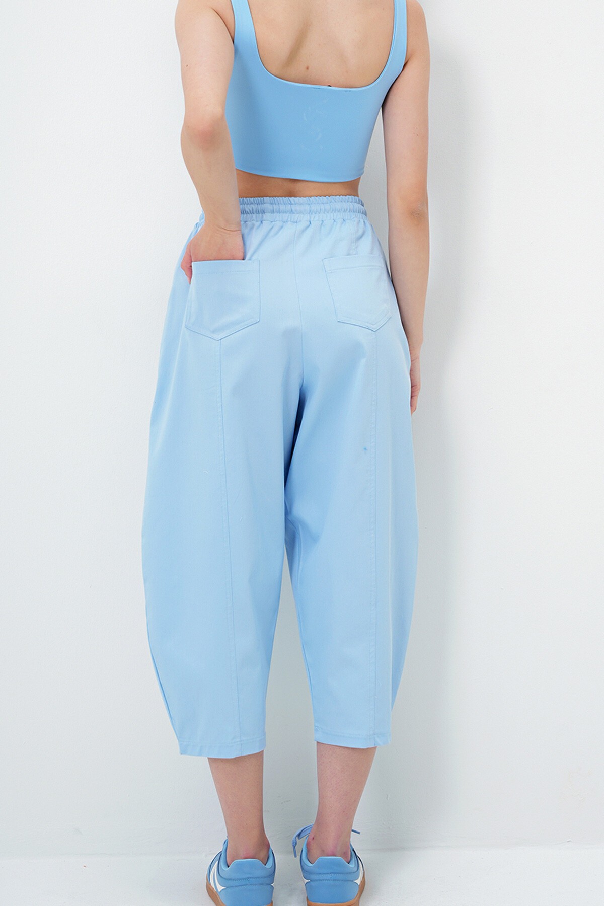 Mavi Önü Dikiş Detaylı 4 Cepli Şalvar Kesim Dokuma Keten Pantolon