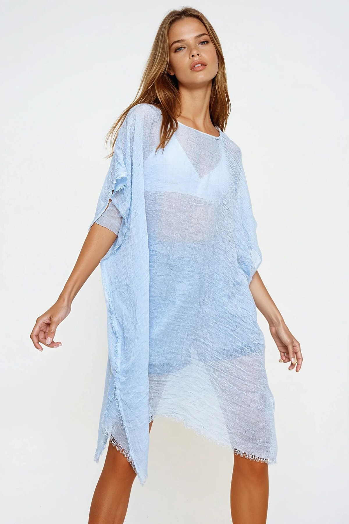 Mavi Püskül Detaylı Pamuklu Pareo