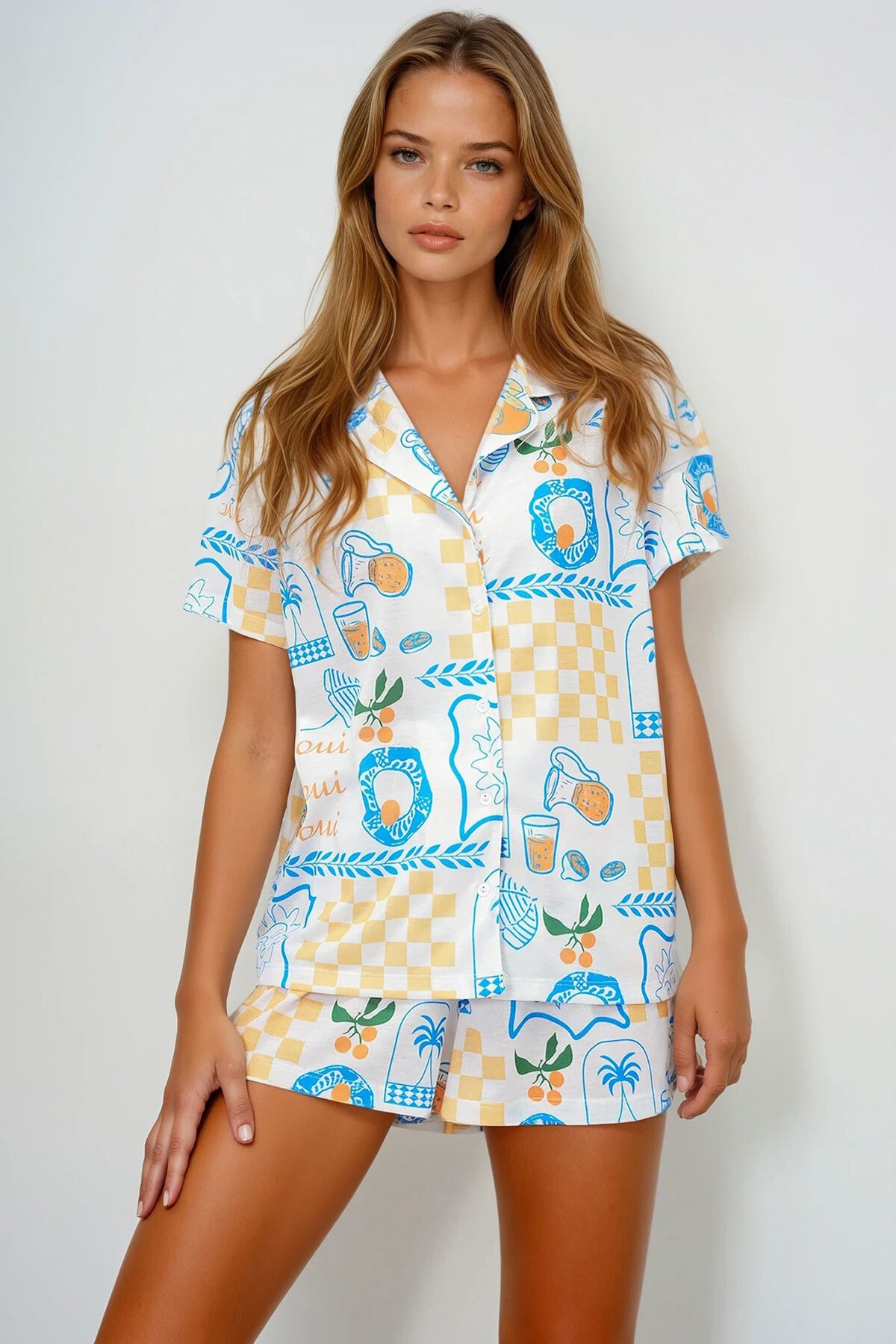 Mavi Sarı Yazlık Pamuk Örme Gömlek Ve Şort Pijama Takım