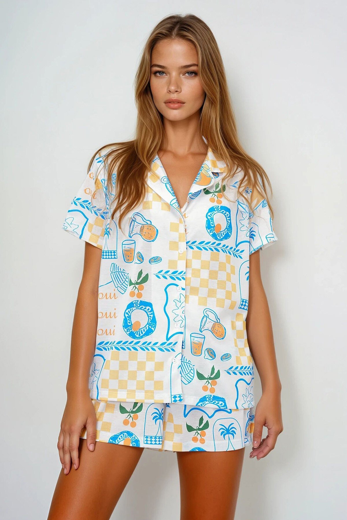 Mavi Sarı Yazlık Pamuk Örme Gömlek Ve Şort Pijama Takım