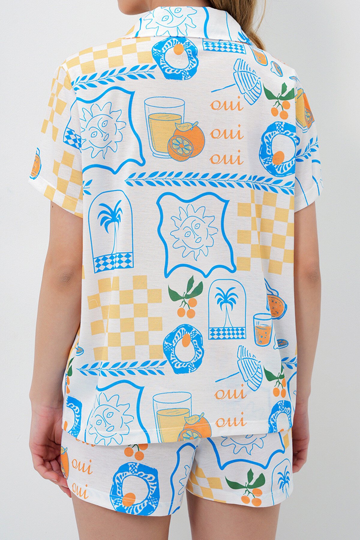 Mavi Sarı Yazlık Pamuk Örme Gömlek Ve Şort Pijama Takım