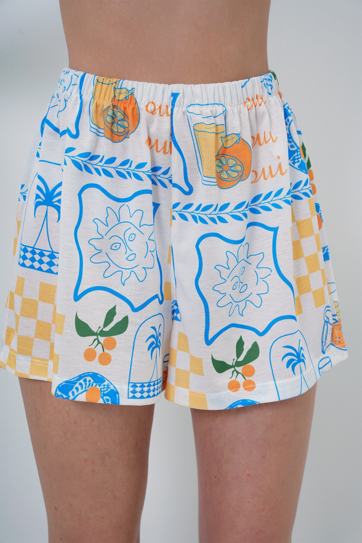 Mavi Sarı Yazlık Pamuk Örme Gömlek Ve Şort Pijama Takım