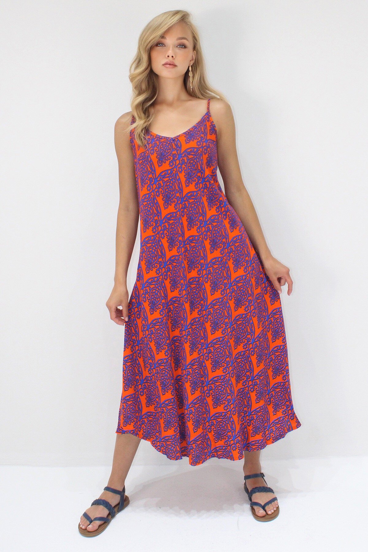 Mavi-Turuncu İp Askılı Çok Renkli Midi Boy Dokuma Viskon Elbise