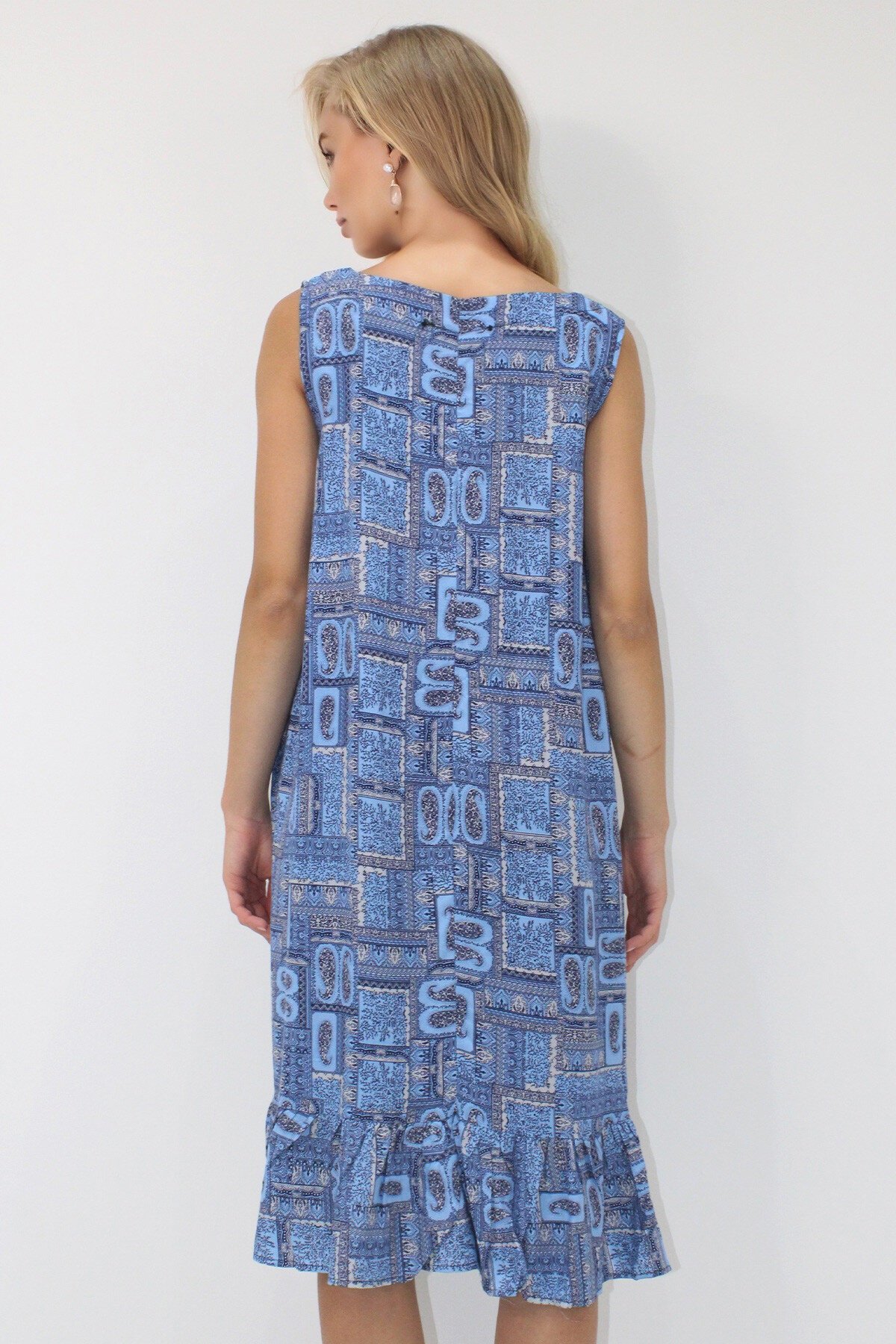 Mavi V Yaka Eteği Fırfırlı A Form Dokuma Viskon Rahat Kalıp Elbise