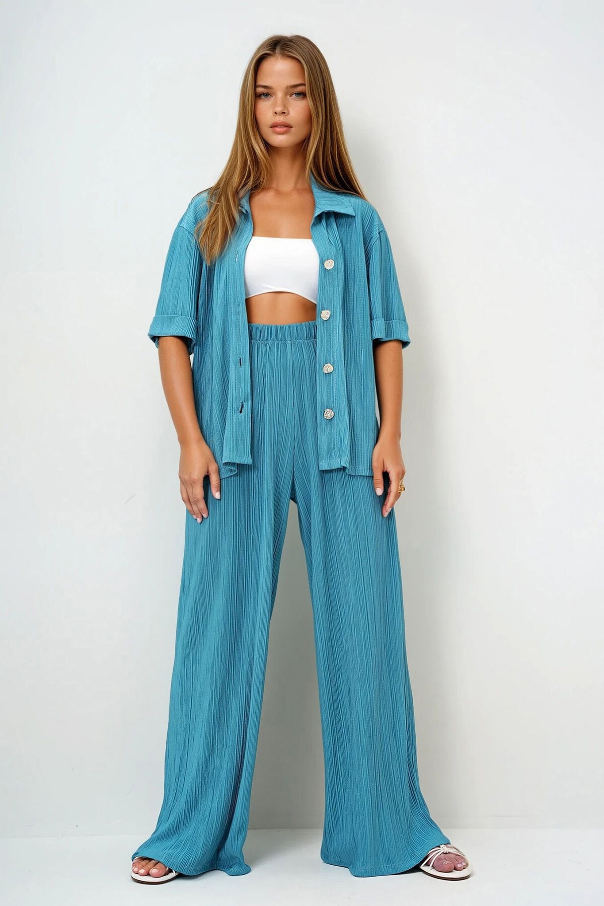 Mint Yeşili Duble Manşetli Gold Düğme Detaylı Pliseli Gömlek Ve Palazzo Pantolon Takım