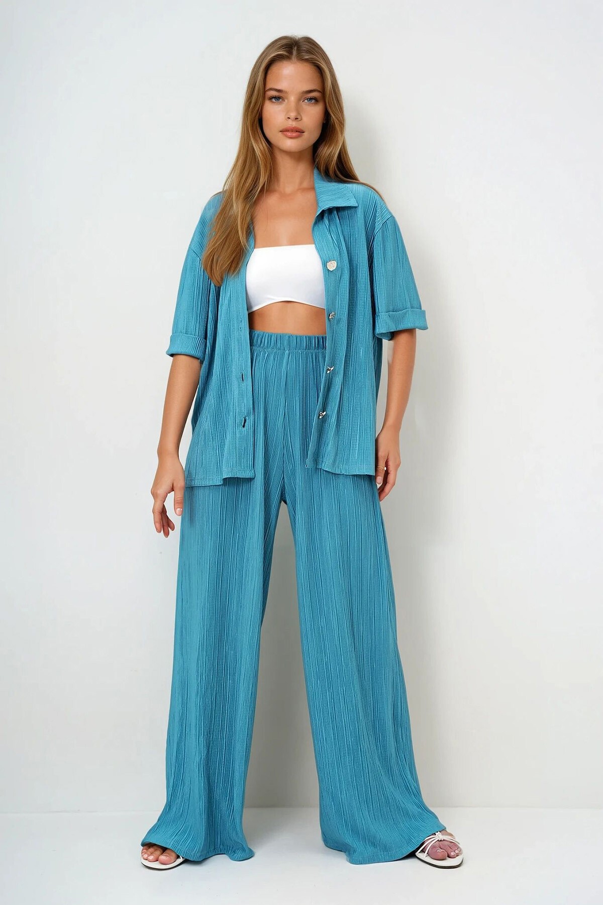 Mint Yeşili Duble Manşetli Gold Düğme Detaylı Pliseli Gömlek Ve Palazzo Pantolon Takım