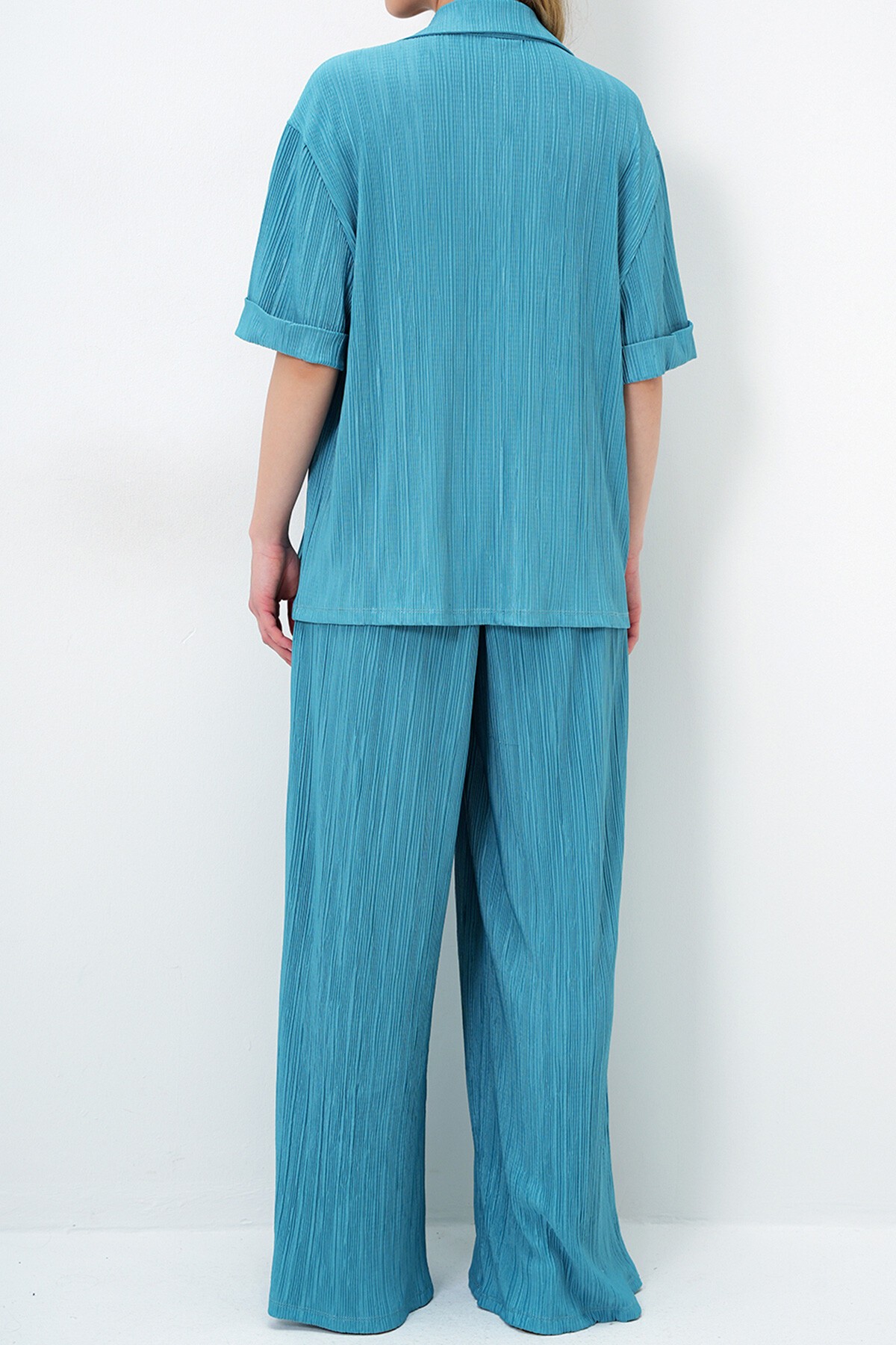 Mint Yeşili Duble Manşetli Gold Düğme Detaylı Pliseli Gömlek Ve Palazzo Pantolon Takım